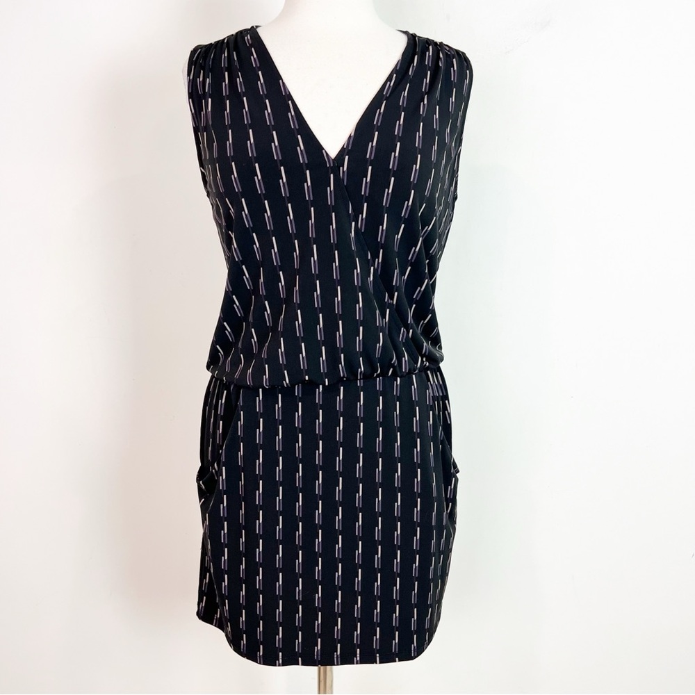 Veronica M Black Taupe Purple Print Sleeveless Surplice Front Mini Dress Medium